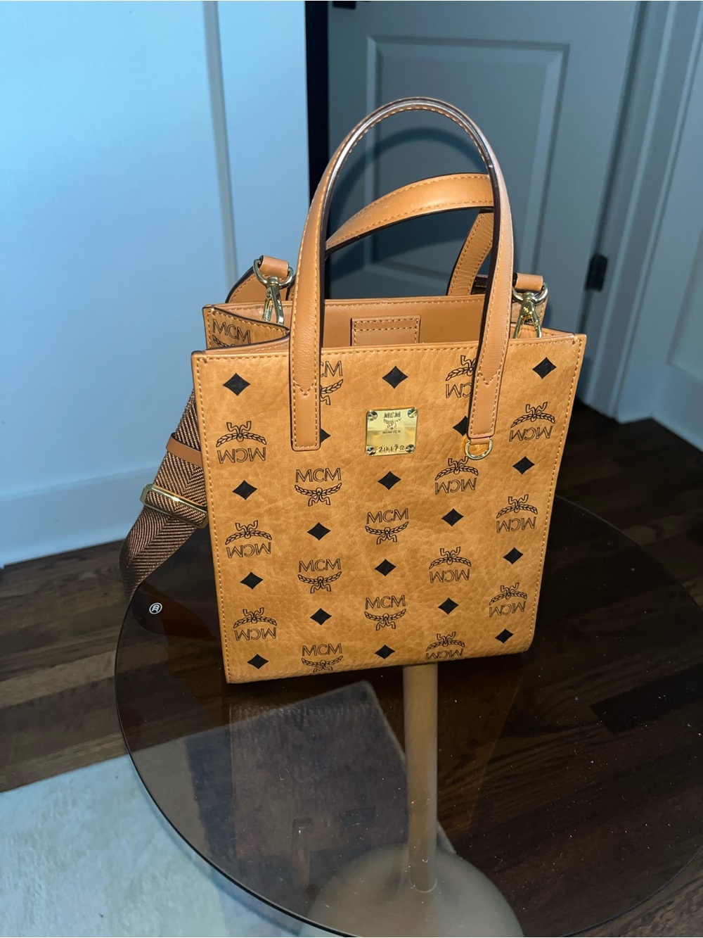 MCM Cognac Visetos Mini Tote with Logo Plaque
